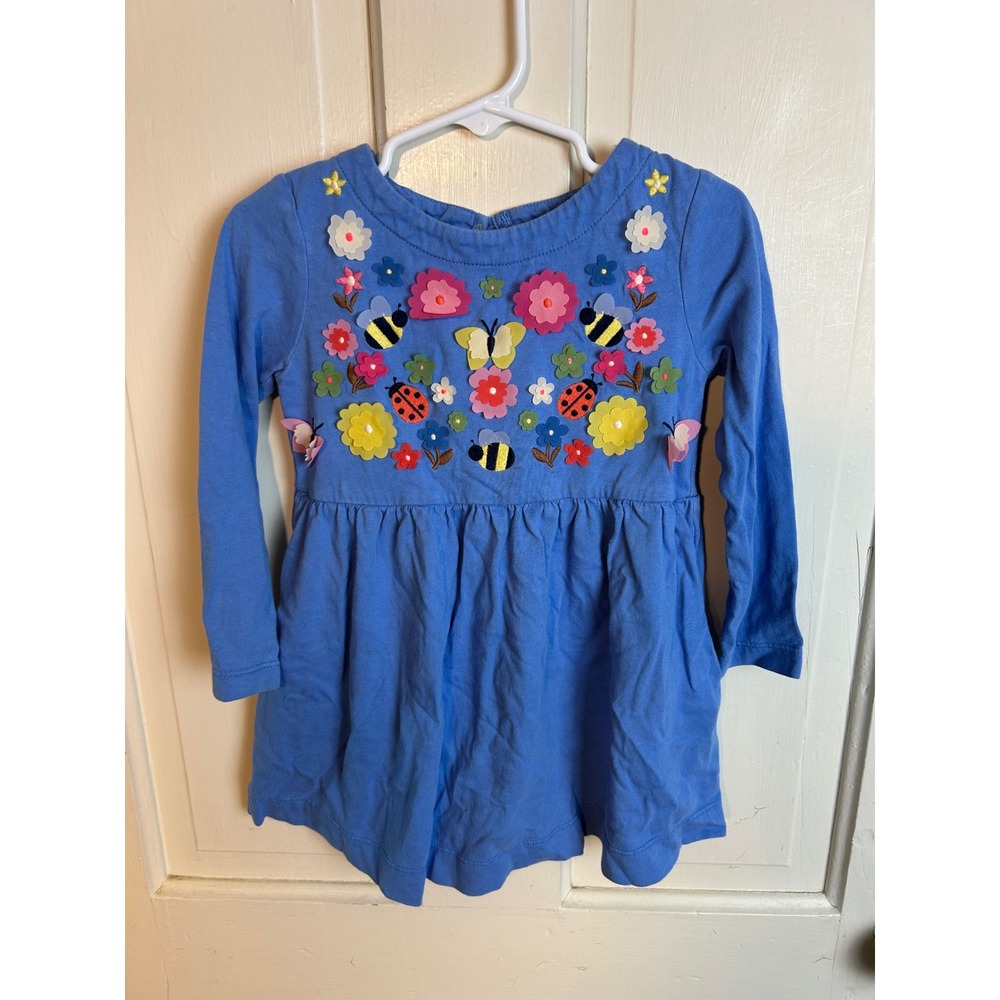 Mini Boden Girls Blue Floral Butterfly Bee Applique Jersey Dress 2-3Y G3907